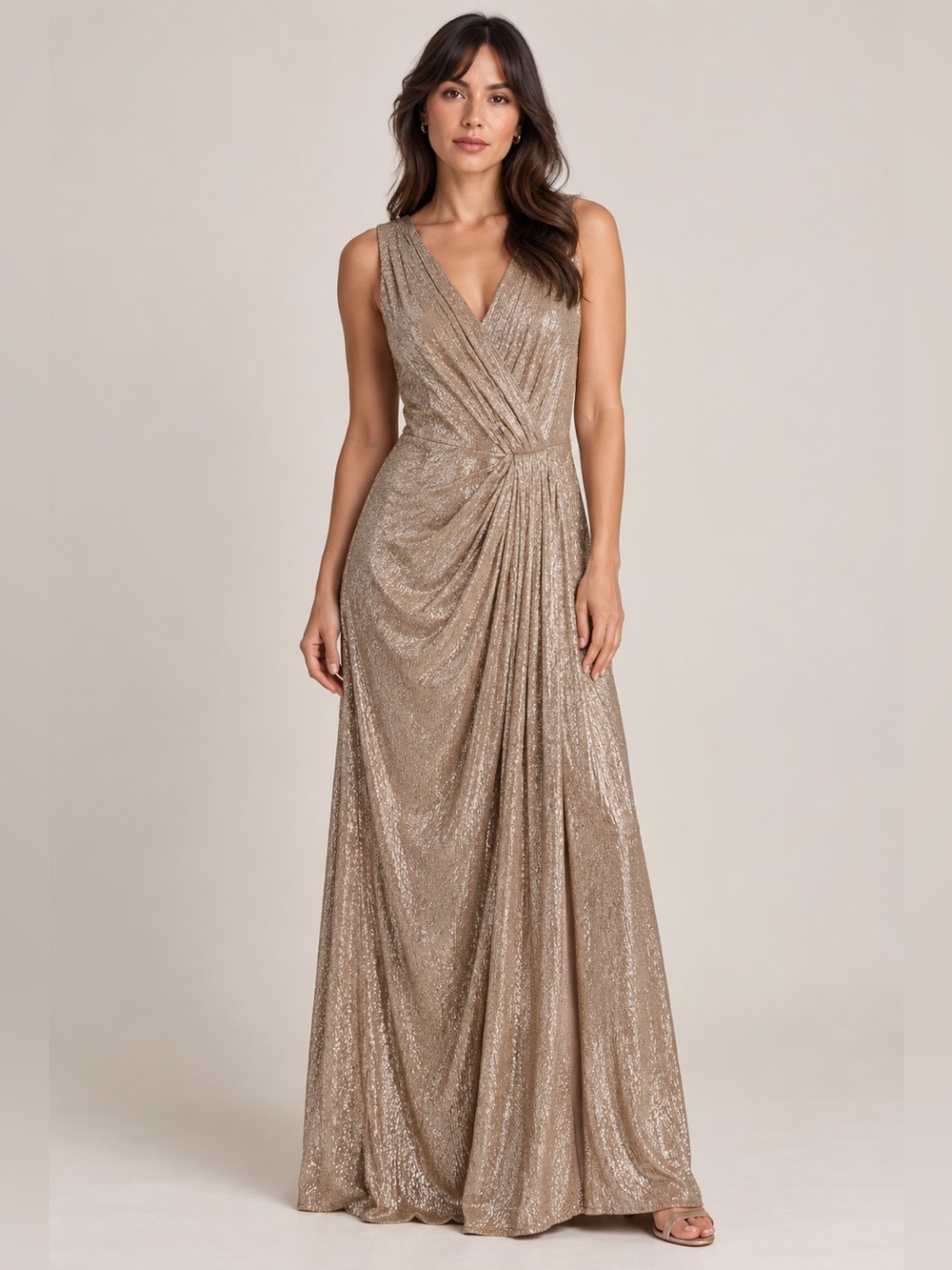 Lauren Ralph Lauren Evening Gold Metallic Draped Gown 12